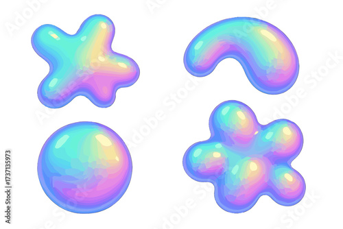 3D holographic abstract liquid shapes set. Inflated slime objects and glossy iridescent blobs. Realistic vector elements collection with vibrant pastel gradient for modern design.