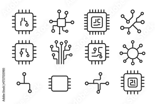 Chip and circuit board line icon set. Technology and computer processor outline icons. Microchip, CPU, and electronics hardware vector collection. Editable stroke pictogram.
