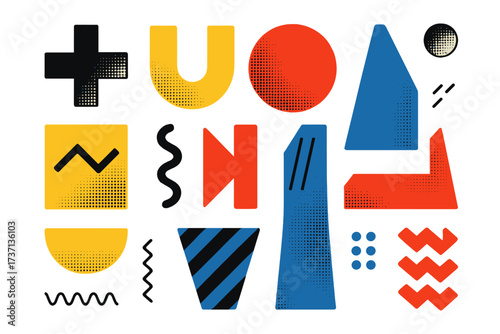 Set of abstract brutalist geometric shapes. Memphis design elements with halftone texture for web, vintage advertisement, commercial banner, poster, or sale. Retro 80s 90s style.