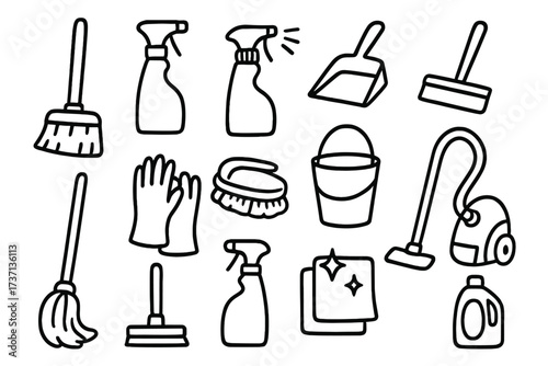 Cleaning tools vector icon set. Hand drawn doodle style illustration of housekeeping equipment. Black line art symbols for domestic chores, hygiene and cleanliness concept.