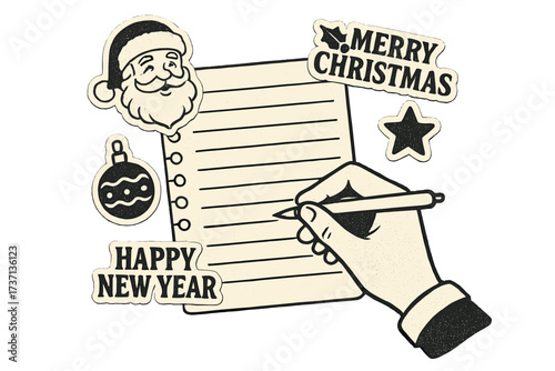 Hand writing a letter to Santa Claus. Christmas wish list concept. Merry Christmas and Happy New Year retro vector illustration. Vintage halftone sticker set for greeting cards.