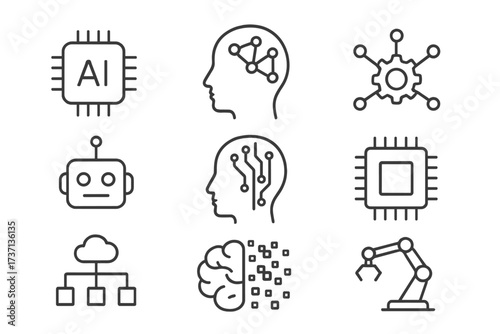 Artificial intelligence line icon set. Machine learning, robotics, neural network, chatbot, brain, processor, and deep learning editable stroke vector pictogram collection.