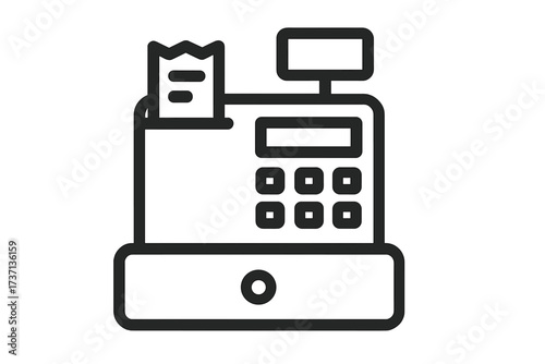Cash register icon for checkout and payment. Vector line illustration symbol for retail store, shop, sale. Concept of transaction, commerce, finance, purchase, money, bill.