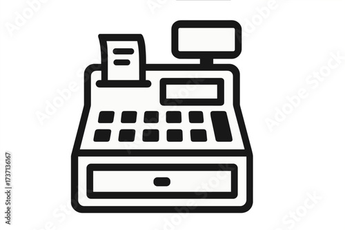 Cash register icon for commerce and retail. Vector illustration of a till for payment, transaction, and checkout. Simple line art symbol for business, finance, and shopping concepts.