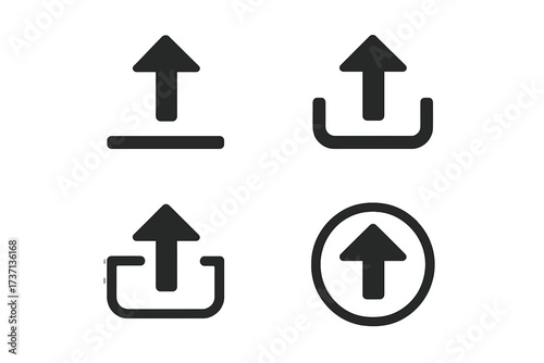 Upload icon set with up arrow symbol. Vector collection for web interface design. Data transfer, file sharing, and document sending buttons. Modern flat minimalist pictogram pack.