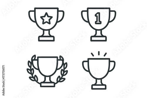 Award trophy cup vector icon set. Outline symbols for success, victory, achievement. First place winner prize. Champion laurel wreath. Star reward sign. Competition concept.