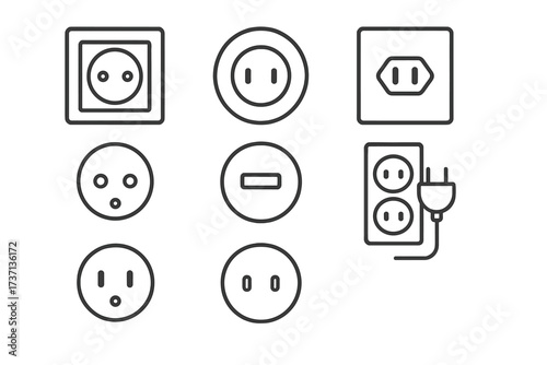 Electric socket and power outlet line icon set. Minimalist vector pictograms of various plug types. Editable stroke illustration for electricity and energy concepts. UI icon.