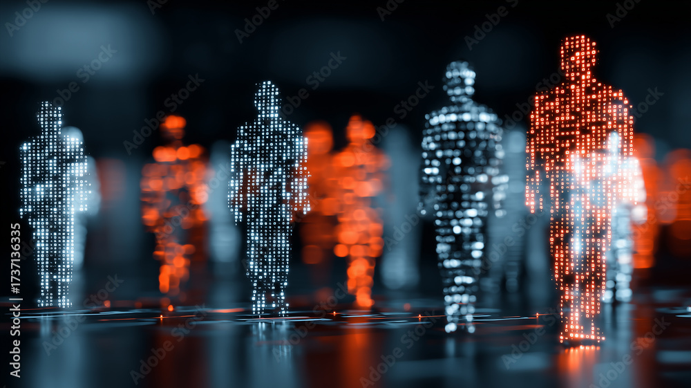 Obraz premium Digital Human Identities composed of data figures moving across a network, representing analytics privacy management and workforce transformation in connected systems. 