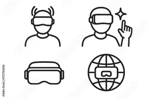 Virtual reality line icons set. VR headset, user interface, metaverse concept. Vector illustration for web, mobile. Future technology, augmented reality, digital world symbol.