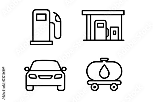 Gas station line icon pack. Fuel pump, car, petrol station, oil tanker vectors. Energy industry concept. Transport and automotive service symbols. Refueling graphic elements.