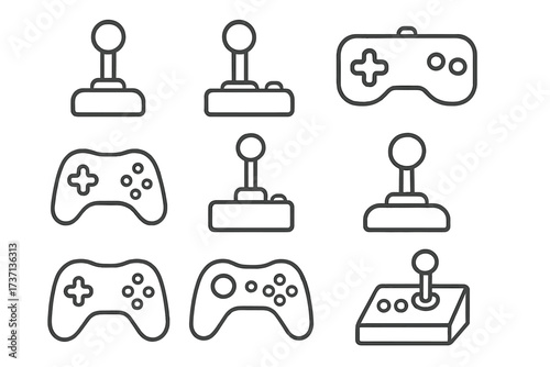 Video game controller and joystick line icon set. Gaming and esports concept. Includes retro arcade joysticks and modern gamepads. Minimal vector icons for web and app design.