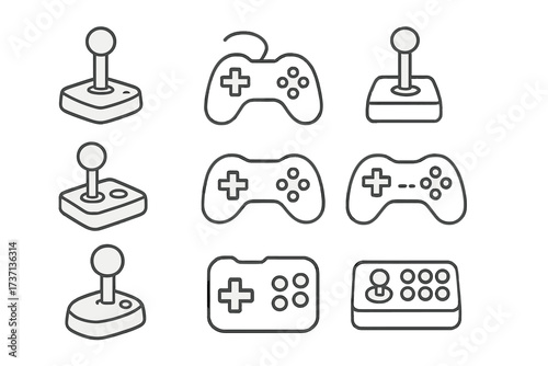 Video game controller line icon set. Gamepad, joystick, and arcade stick symbols for gaming and esports. Retro and modern console pads. Minimalist vector pictogram collection.