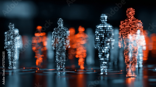 Digital Human Identities composed of data figures moving across a network, representing analytics privacy management and workforce transformation in connected systems.
