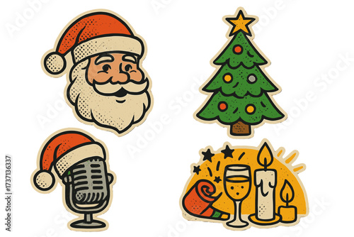 Christmas New Year music party vector set. Retro paper collage elements in halftone style. Santa, tree, microphone for poster, holiday celebration cartoon illustration sticker.