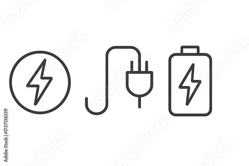 Energy and charging line icon set. Vector symbols for battery power, electricity plug, and charger. Minimalist outline pictogram collection for web and mobile app UI design.