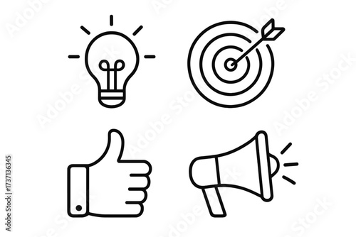 Business and marketing thin line icon set. Light bulb for creative idea, target for strategic goal, thumbs up for social media like, megaphone for advertising and promotion.