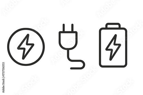Energy and power line icon set. Charger plug, battery, and electricity symbol collection. Minimalistic outline pictograms for web, apps. Vector illustration with editable stroke.