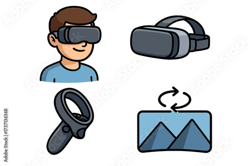 Virtual reality icon set. Man in VR headset, controller, 360 view. Cartoon vector illustration for gaming, metaverse, futuristic technology. Digital entertainment symbols.