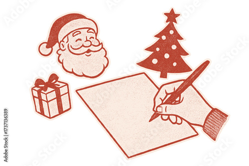 Writing a letter to Santa Claus concept. Christmas vintage halftone art collage with cut out hand, paper, gift, tree. Red retro dotted textured mixed media vector elements set.