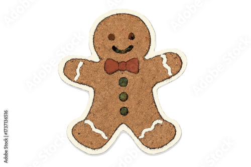Gingerbread man Christmas cookie sticker. Holiday baking sweet food. Cute cartoon character vector. Festive winter dessert. Naive vintage torn paper and claymation illustration.