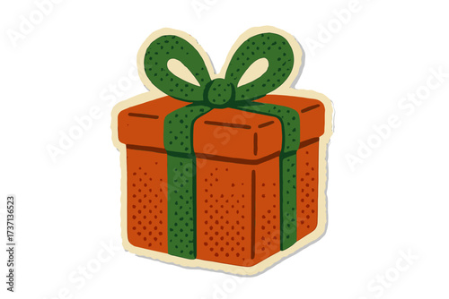 Christmas gift box present in torn paper sticker style. Naive halftone collage art. Vintage vector cartoon illustration for holiday, celebration, Xmas. Festive graphic element.
