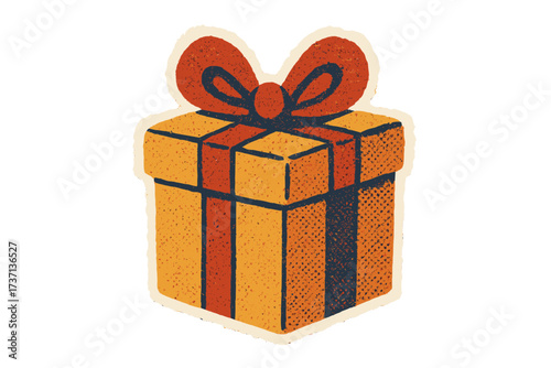 Gift box torn paper sticker in naive halftone collage style. Christmas present vintage vector illustration. Holiday, celebration, birthday, surprise concept for design.