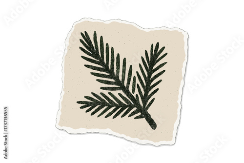 Christmas fir branch collage element. Halftone torn paper sticker with pine tree twig. Rustic magazine clipping cutout for scrapbooking. Vintage holiday vector design.