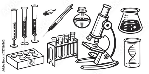 Collection of scientific laboratory equipment and dna illustration