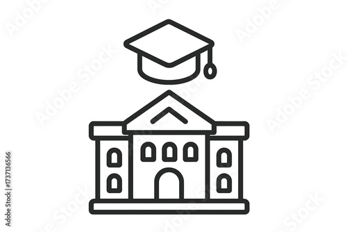 University line icon with graduation cap. Higher education symbol. College building vector. School or academy sign for learning, knowledge, and obtaining a degree. Editable stroke.