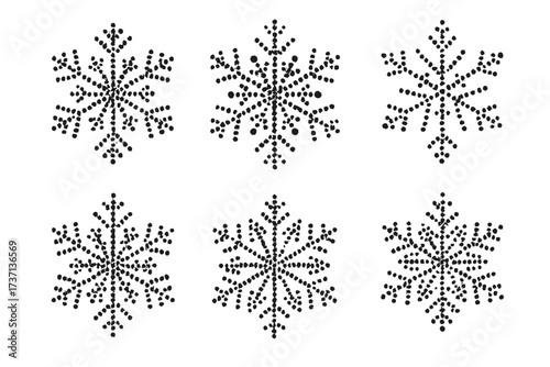 Dotted snowflakes set. Halftone winter snow elements. Ornate polka dot circle design. Vector illustration with isolated crystal shapes for Christmas or New Year decoration.