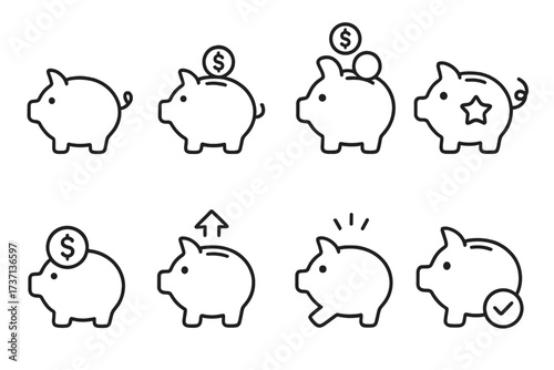 Piggy bank line icon collection. Vector graphic set for finance and savings concepts. Editable stroke symbols for money, investment, budget, deposit, and banking economy.