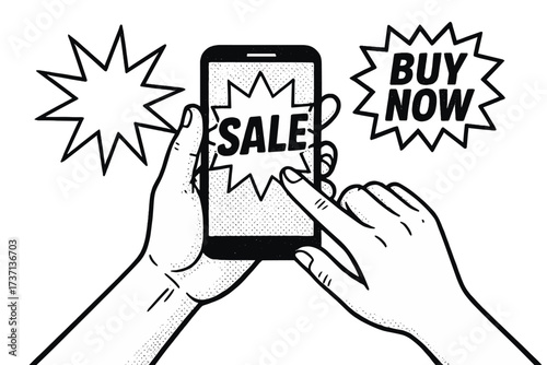 Hands holding phone with sale promotion. Online shopping concept with buy now button. E-commerce advertising in retro comic style. Vector illustration for discount offer.