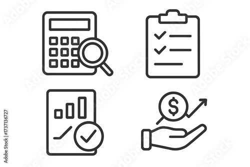 Business assessment and financial analytics icon set. Line style vector icons for auditing, calculation, investment growth, inspection report, checklist, and data analysis.