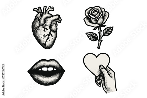 Halftone love icons set. Anatomical heart, rose, kiss lips, hand holding valentine card. Retro black and white vector illustration. Tattoo style stipple graphic design elements.