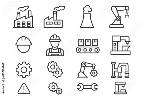 Factory and industry line icon set. Manufacturing and production symbols collection. Vector icons for automation, robotic arm, conveyor belt, worker, gears. Editable stroke.
