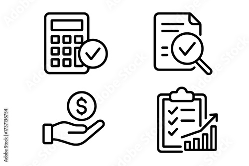 Financial assessment icon set. Line style icons for auditing, investment calculation, business analytics, and performance reports. Vector concepts for finance and growth.