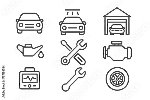 Auto service and car repair icon set in thin line style. Vector collection for garage, maintenance shop, wash station. Includes engine, oil, tire, diagnostic tool and wrench.