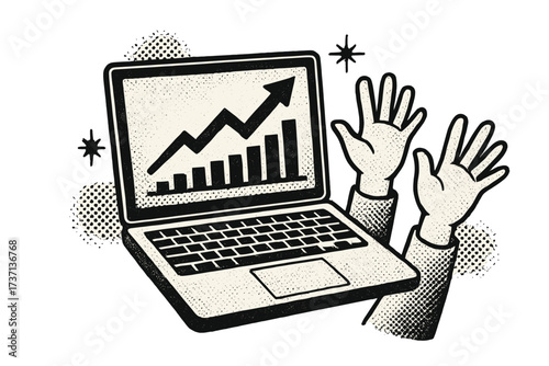 Retro halftone vector of successful online trading. Laptop shows rising funding graph. Celebrating business investment and stock market profit. Y2K comic style finance concept.
