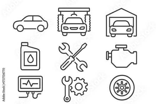 Auto service and car repair line icon set. Icons for garage, maintenance, oil change, car wash, engine diagnostic, tire service, and workshop. Automobile industry web symbols.