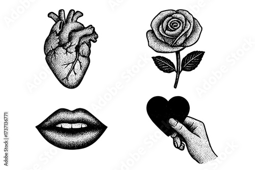 Retro Valentine's collection with anatomical heart, rose, lips and hand. Halftone stipple dotwork effect. Engraving style romantic vector icons for love, design and tattoo.