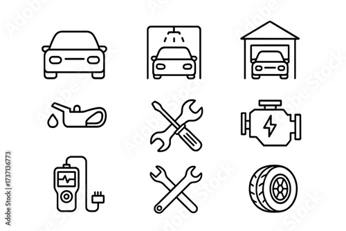 Car service and auto repair icon set. Thin line icons for automobile maintenance, garage, car wash, oil change, engine diagnostic, tire shop. Vector pictogram collection.