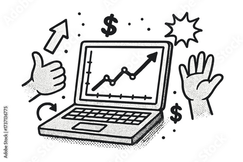 Successful online trading concept. Stock growth chart on laptop screen. Business investment and financial analysis vector. Y2K halftone illustration with happy hands and money.