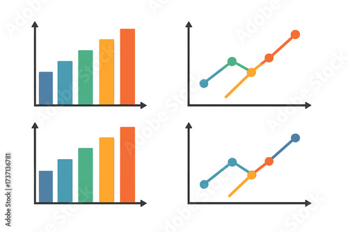 Bar graph and line graph templates for business infographics. Vector illustration of graphs and charts for data statistics. Information graphic for financial report or analysis.