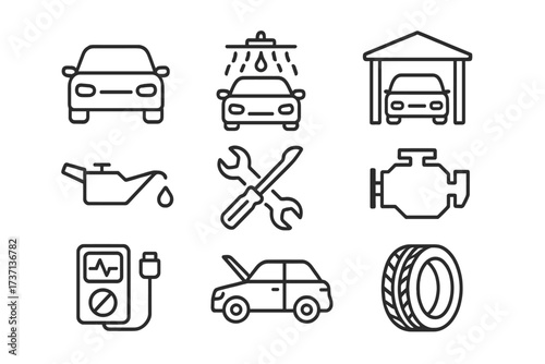 Auto service and car repair line icon set. Garage, maintenance, diagnostics, wash, and shop symbols. Automobile, oil, engine, tire, and tools vector outline pictograms.