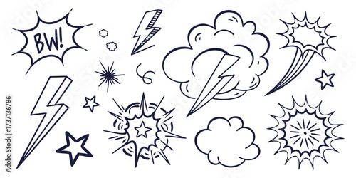 Collection of comic book style sound effects and symbols