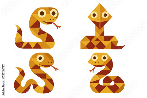Year of the snake 2026 Chinese new year zodiac sign. Cute geometric cartoon characters. Vector collection of oriental horoscope symbols. Flat design reptile mascot icon set.