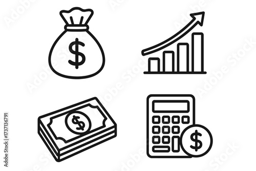 Finance and money vector line icon set. Business success and banking symbols. Includes cash stack, profit growth bar chart, dollar moneybag, and budget calculator concept.
