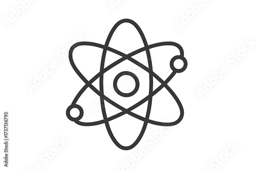Science atom symbol. Vector line icon of physics, chemistry model. Nuclear power, molecule, electron orbit concept. Outline illustration for technology logo, scientific education.