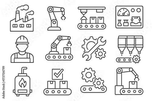 Factory and manufacture simple line icon set. Industrial production, automation technology, robotics, assembly line, conveyor, worker vector symbols. Editable stroke icons.