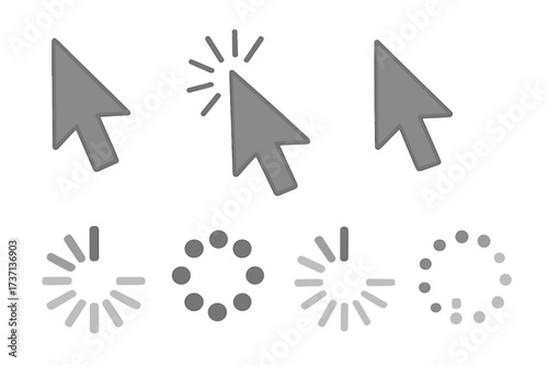 Computer mouse click cursor arrow pointer icons set. Gray cursors and loading progress bar symbols. Web click, press, wait, and loading signs for website user interface.